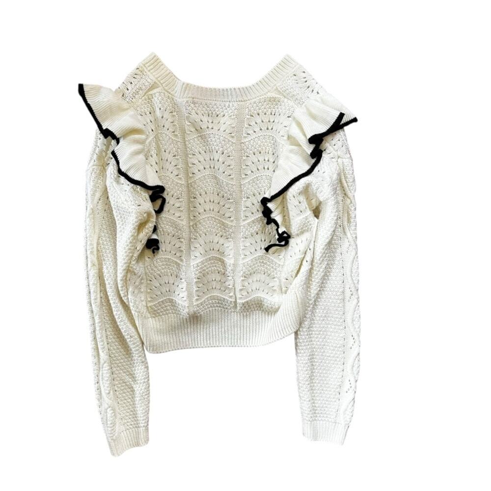 Marc New York Open Knot Ruffle V Neck Sweater White Black S